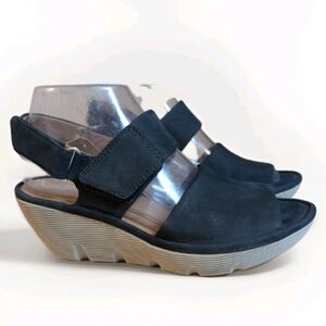 Clarks Clarene Allure Black & Tan Leather Comfort Wedge Sandals Shoes Size 7.5M